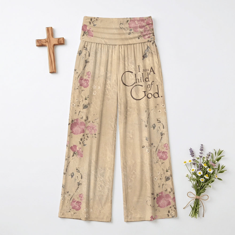 Christianartworkshop Pantaloni da donna a gamba larga con stampa floreale vintage "I Am A Child Of God" (Sono un figlio di Dio), stile casual e religioso. - US22,UK/AU26,EU54 (6XL) - image 0