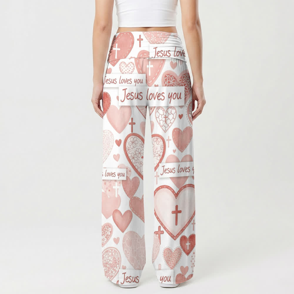 Christianartworkshop Pantaloni da donna a gamba larga con cuore rosa e scritta "Jesus Loves You" in stile casual, ispirati alla fede. - image 2