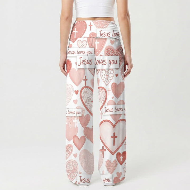 Christianartworkshop Pantaloni da donna a gamba larga con cuore rosa e scritta "Jesus Loves You" in stile casual, ispirati alla fede. - image 2