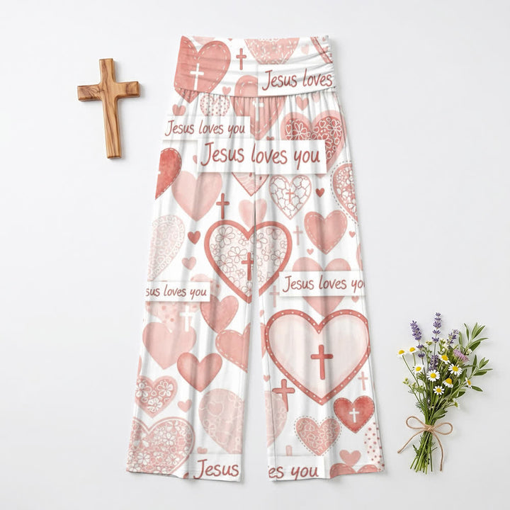 Christianartworkshop Pantaloni da donna a gamba larga con cuore rosa e scritta "Jesus Loves You" in stile casual, ispirati alla fede. - US22,UK/AU26,EU54 (6XL) - image 0