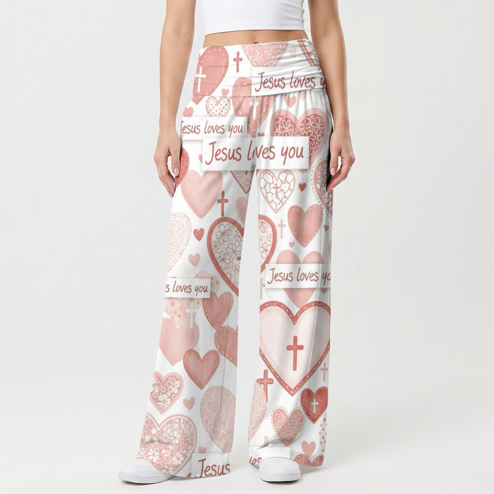 Christianartworkshop Pantaloni da donna a gamba larga con cuore rosa e scritta "Jesus Loves You" in stile casual, ispirati alla fede. - image 1