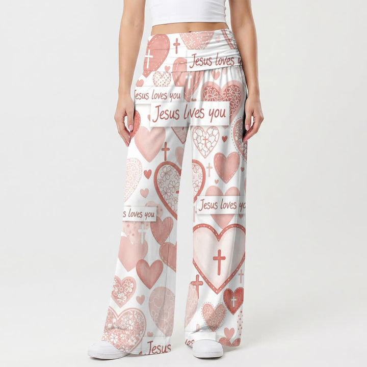 Christianartworkshop Pantaloni da donna a gamba larga con cuore rosa e scritta "Jesus Loves You" in stile casual, ispirati alla fede. - image 1