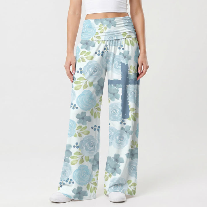 Christianartworkshop Pantaloni da donna a gamba larga con stampa floreale a croce e rose blu ad acquerello, stile casual Faith. - image 1