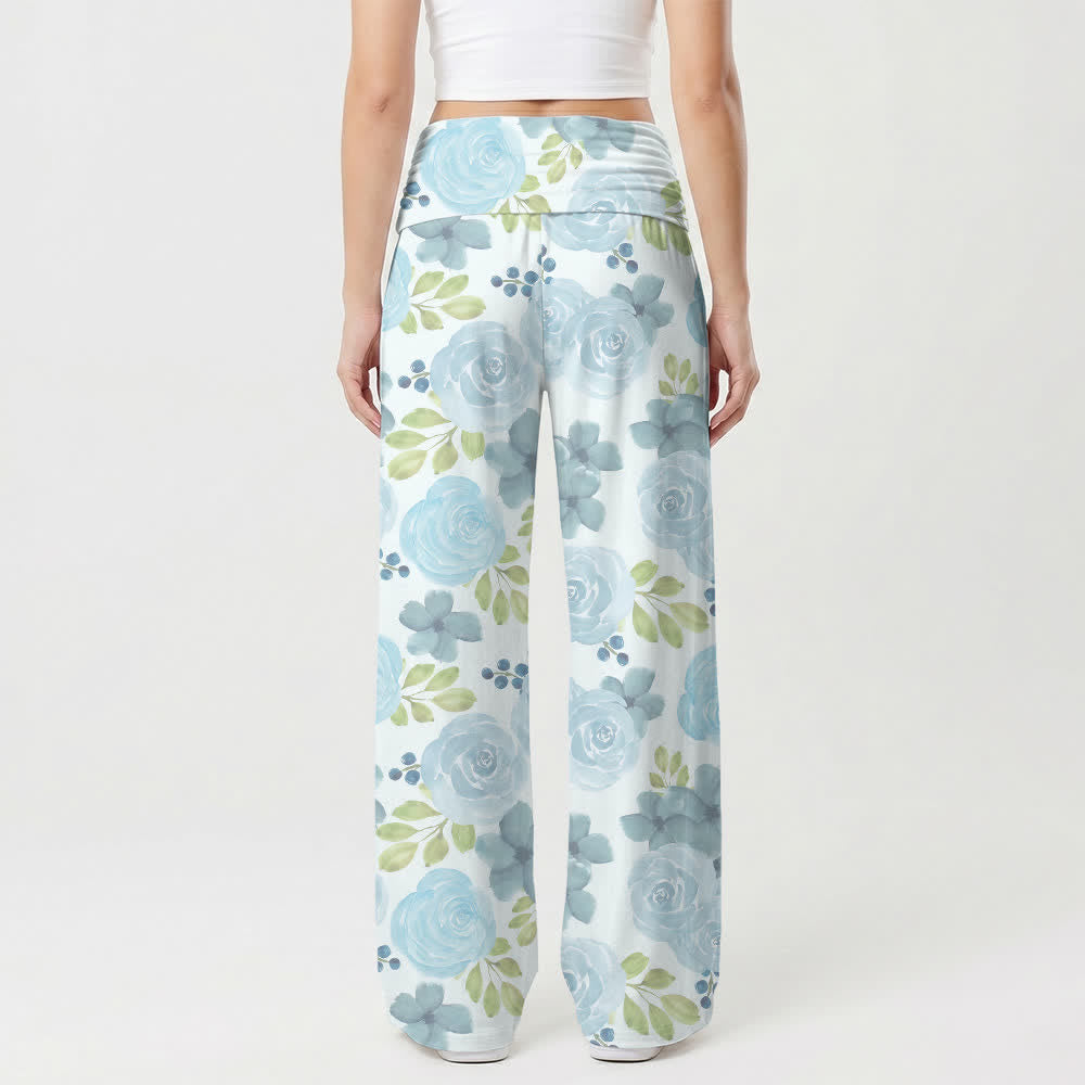Christianartworkshop Pantaloni da donna a gamba larga con stampa floreale a croce e rose blu ad acquerello, stile casual Faith. - image 2