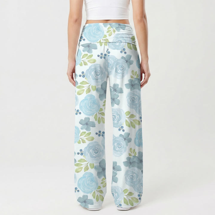 Christianartworkshop Pantaloni da donna a gamba larga con stampa floreale a croce e rose blu ad acquerello, stile casual Faith. - image 2