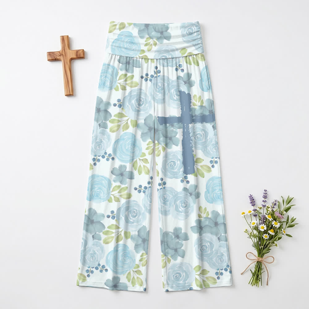 Christianartworkshop Pantaloni da donna a gamba larga con stampa floreale a croce e rose blu ad acquerello, stile casual Faith. - US22,UK/AU26,EU54 (6XL) - image 0