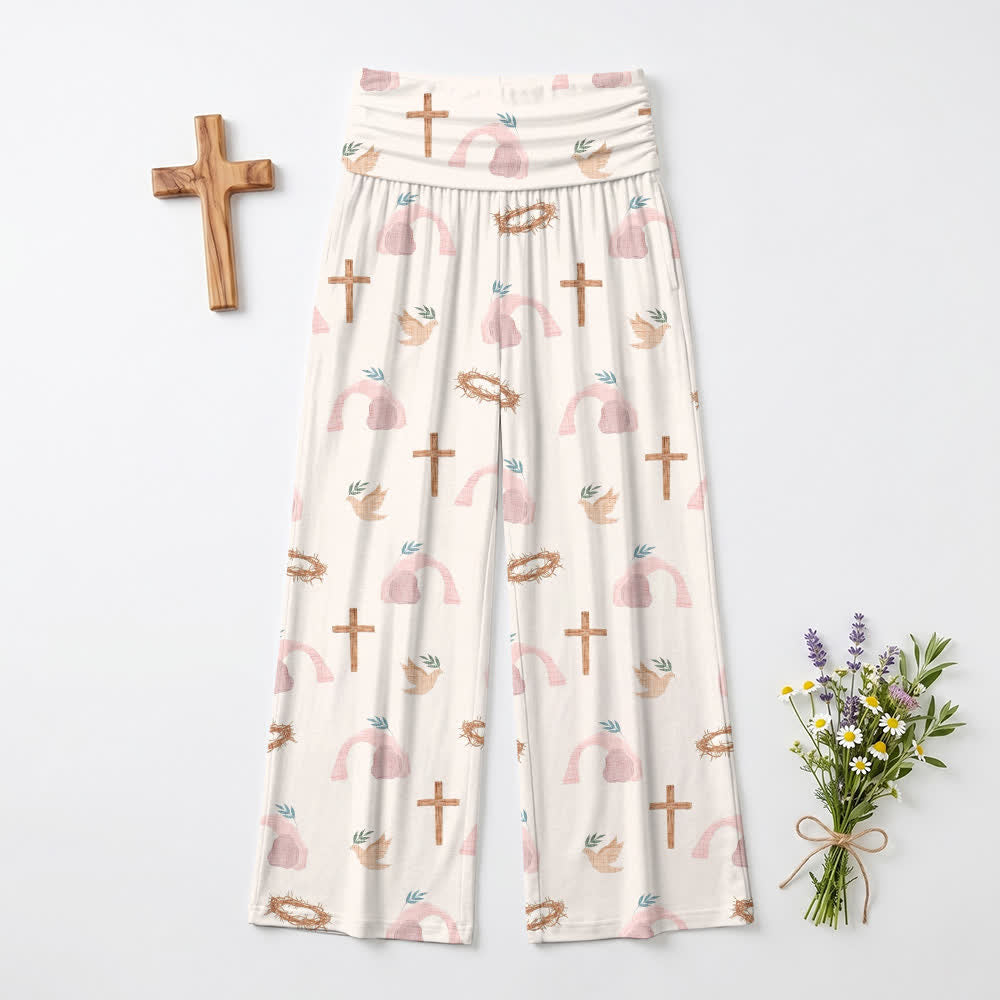 Christianartworkshop Pantaloni da donna a gamba larga con motivo colomba, croce, corona di spine e arte pastorale, stile casual, fede. - US22,UK/AU26,EU54 (6XL) - image 0