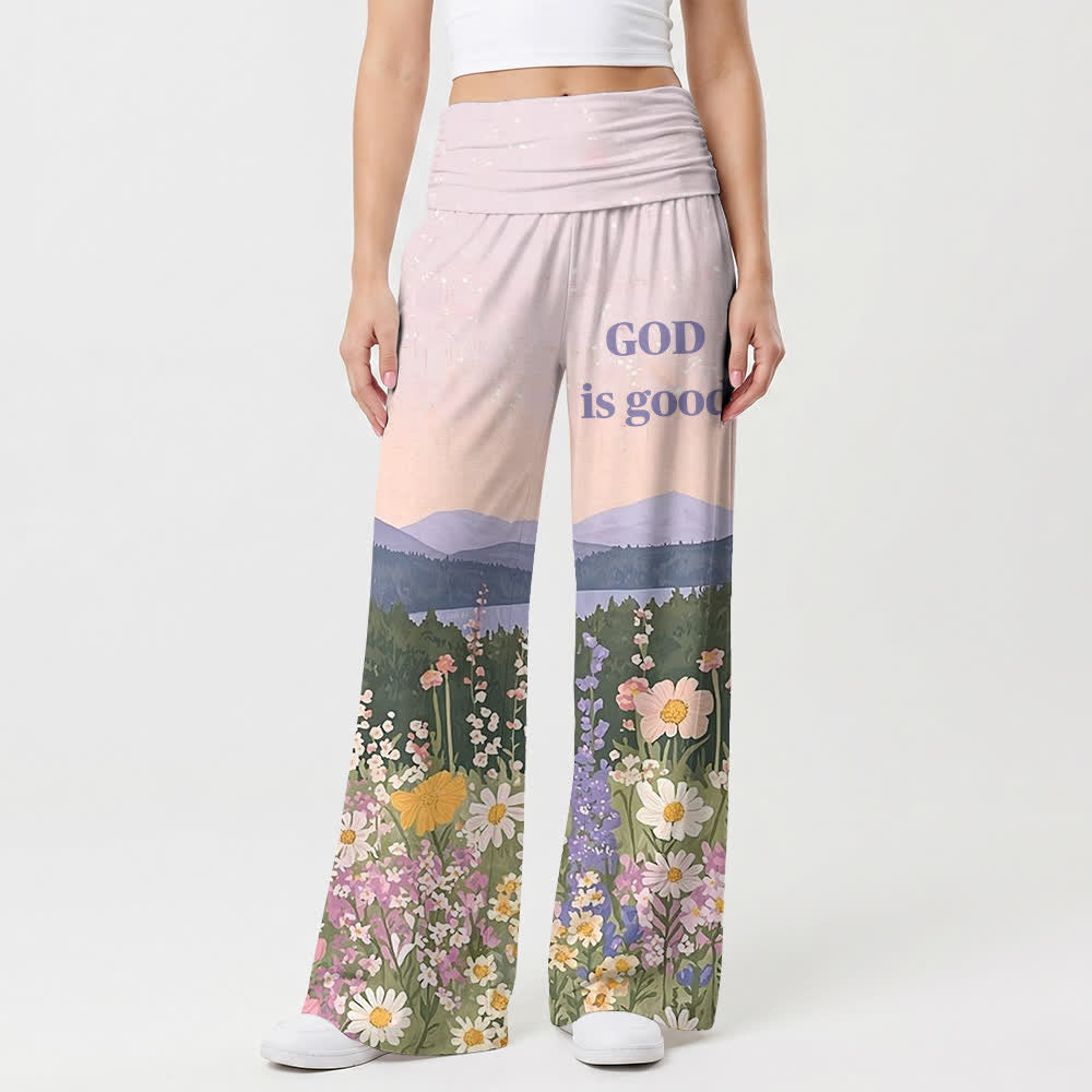 Christianartworkshop Pastorale Montagna Fiore Selvatico Dio è Buono Olio su tela Pantaloni da donna a gamba larga Casual Fede - image 1