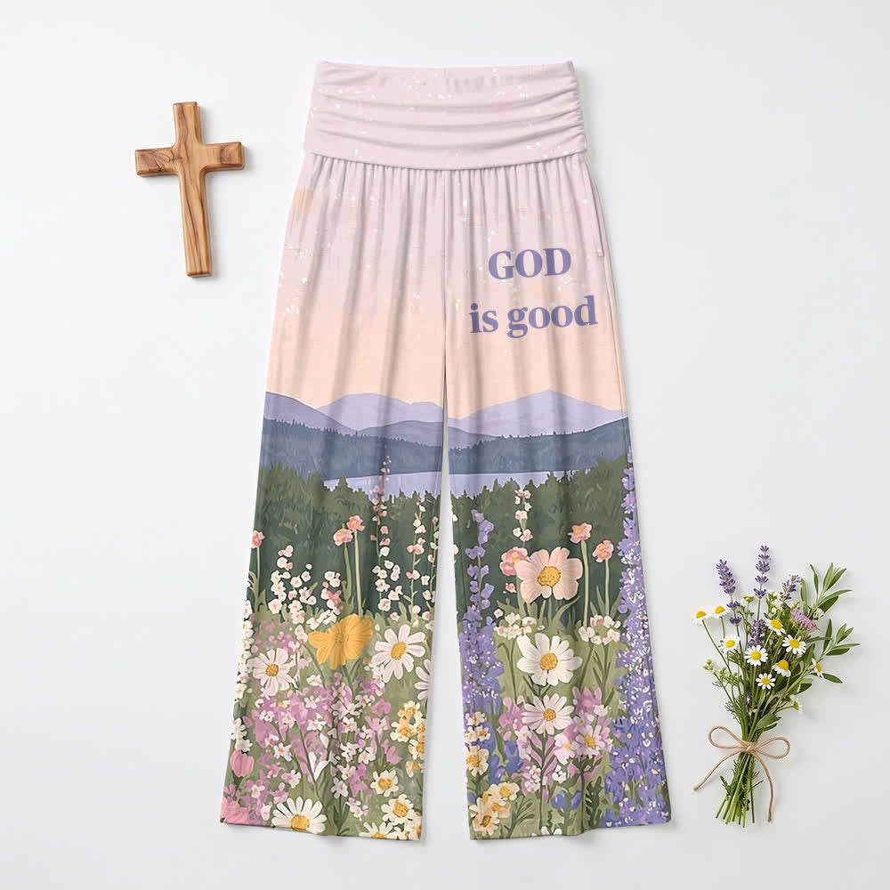Christianartworkshop Pastorale Montagna Fiore Selvatico Dio è Buono Olio su tela Pantaloni da donna a gamba larga Casual Fede - US22,UK/AU26,EU54 (6XL) - image 0