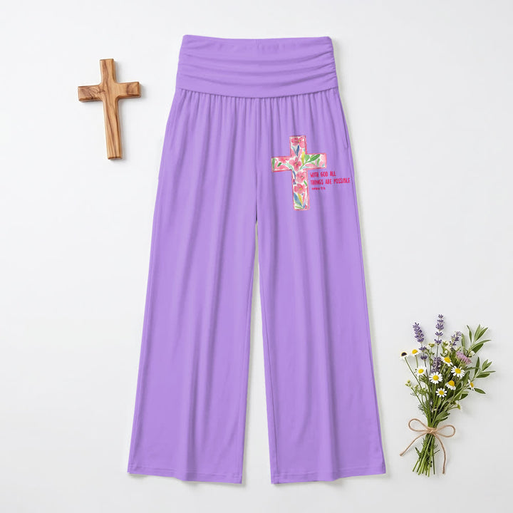 Christianartworkshop Pantaloni da donna a gamba larga con stampa floreale ad acquerello e croce, con testo biblico e scritta "Cristo", ideali per un look casual e religioso. - Viola - US22,UK/AU26,EU54 (6XL) - image 3