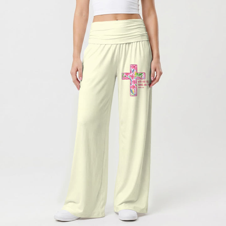 Christianartworkshop Pantaloni da donna a gamba larga con stampa floreale ad acquerello e croce, con testo biblico e scritta "Cristo", ideali per un look casual e religioso. - image 13