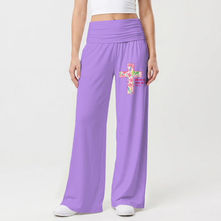 Christianartworkshop Pantaloni da donna a gamba larga con stampa floreale ad acquerello e croce, con testo biblico e scritta "Cristo", ideali per un look casual e religioso. - image 4