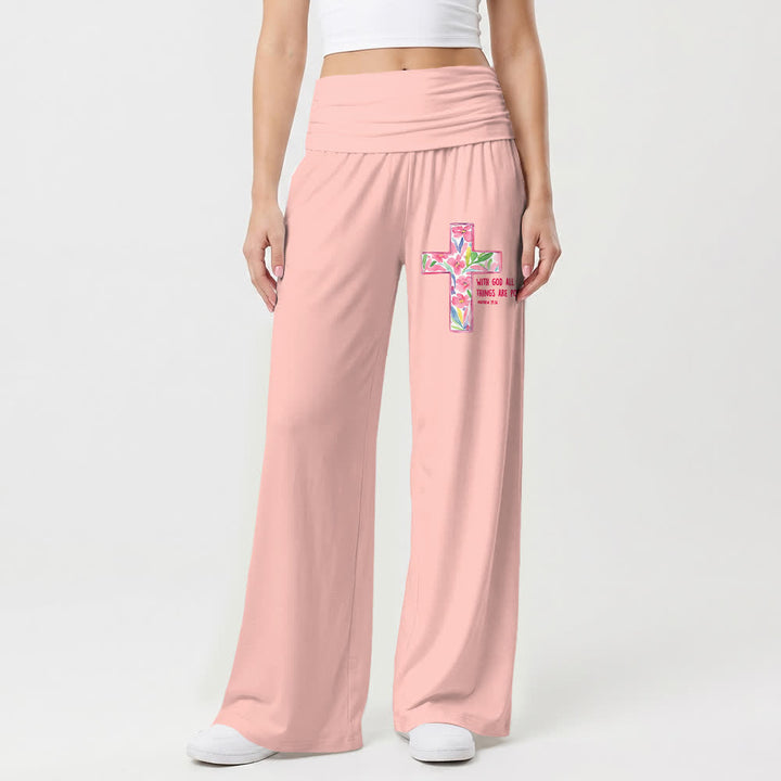 Christianartworkshop Pantaloni da donna a gamba larga con stampa floreale ad acquerello e croce, con testo biblico e scritta "Cristo", ideali per un look casual e religioso. - image 7