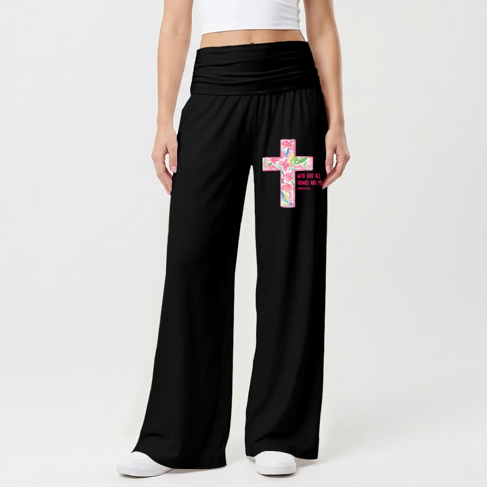 Christianartworkshop Pantaloni da donna a gamba larga con stampa floreale ad acquerello e croce, con testo biblico e scritta "Cristo", ideali per un look casual e religioso. - image 1
