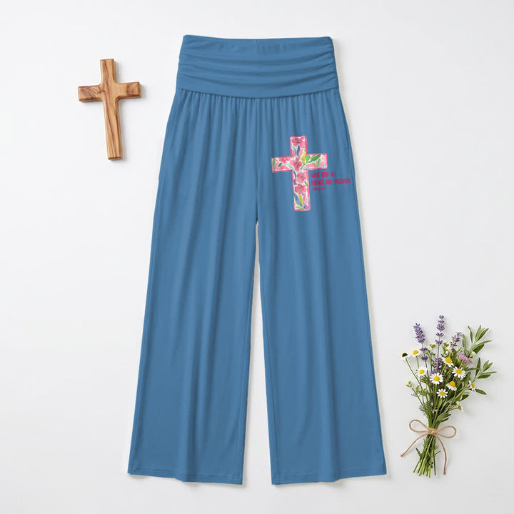 Christianartworkshop Pantaloni da donna a gamba larga con stampa floreale ad acquerello e croce, con testo biblico e scritta "Cristo", ideali per un look casual e religioso. - Blu - US22,UK/AU26,EU54 (6XL) - image 9