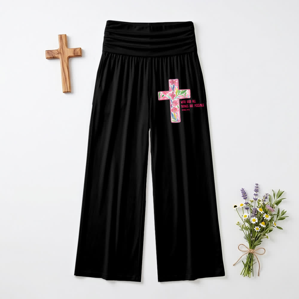 Christianartworkshop Pantaloni da donna a gamba larga con stampa floreale ad acquerello e croce, con testo biblico e scritta "Cristo", ideali per un look casual e religioso. - Nero - US22,UK/AU26,EU54 (6XL) - image 0