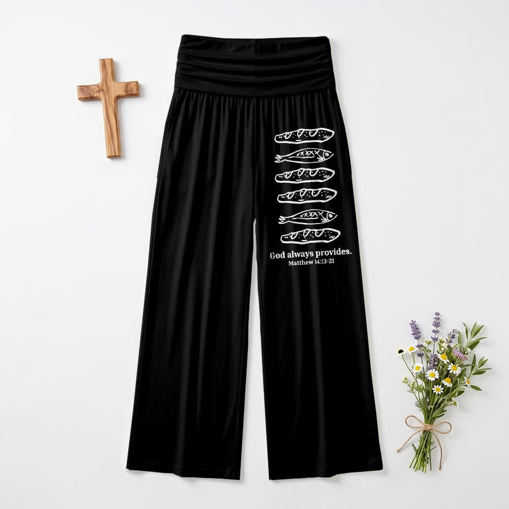 Christianartworkshop Pani e pesci Dio provvede sempre Scrittura Arte Casual Fede Pantaloni a gamba larga da donna - Nero - US22, UK/AU26, EU54 (6XL) - image 3