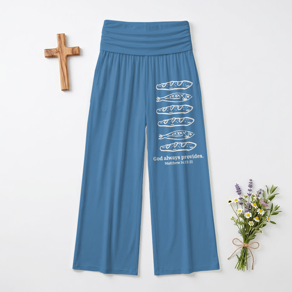 Christianartworkshop Pani e pesci Dio provvede sempre Scrittura Arte Casual Fede Pantaloni a gamba larga da donna - Blu - US22, UK/AU26, EU54 (6XL) - image 6