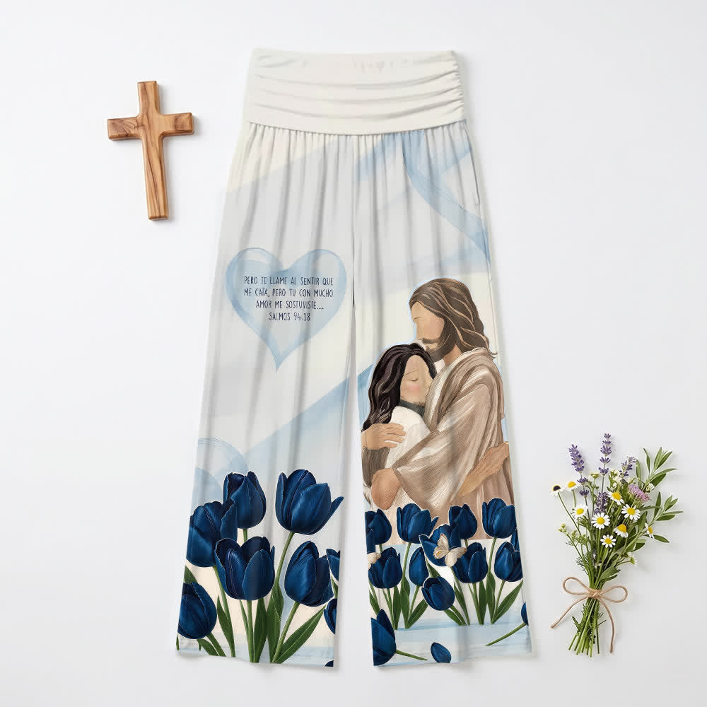 Christianartworkshop Pantaloni da donna a gamba larga con stampa floreale e scritta in spagnolo "Abbraccia Gesù" con tulipani blu e motivi floreali, ideali per uno stile casual e di fede. - US22,UK/AU26,EU54 (6XL) - image 0