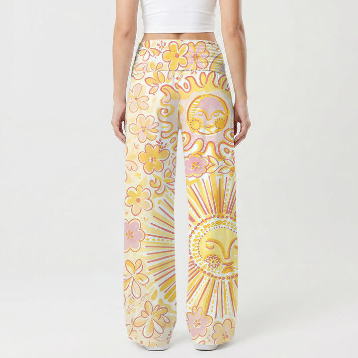 Christianartworkshop Pantaloni da donna a gamba larga in stile boho con motivo floreale e sole, luna e croce. - image 2