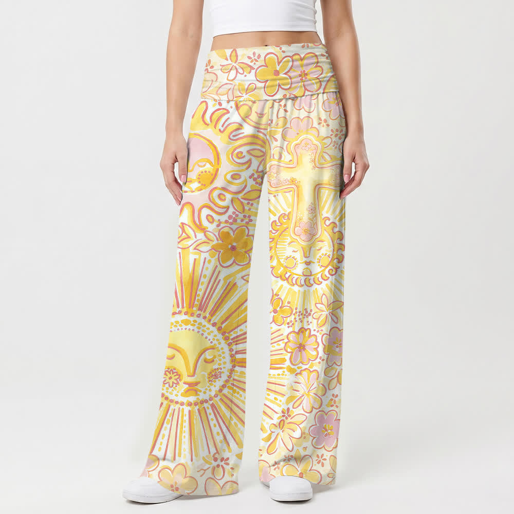 Christianartworkshop Pantaloni da donna a gamba larga in stile boho con motivo floreale e sole, luna e croce. - image 1