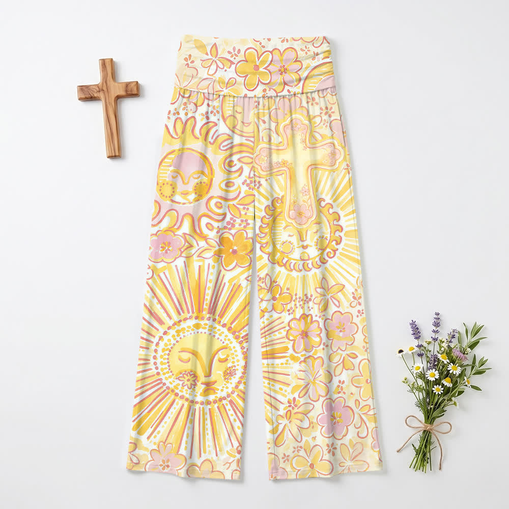 Christianartworkshop Pantaloni da donna a gamba larga in stile boho con motivo floreale e sole, luna e croce. - US22,UK/AU26,EU54 (6XL) - image 0