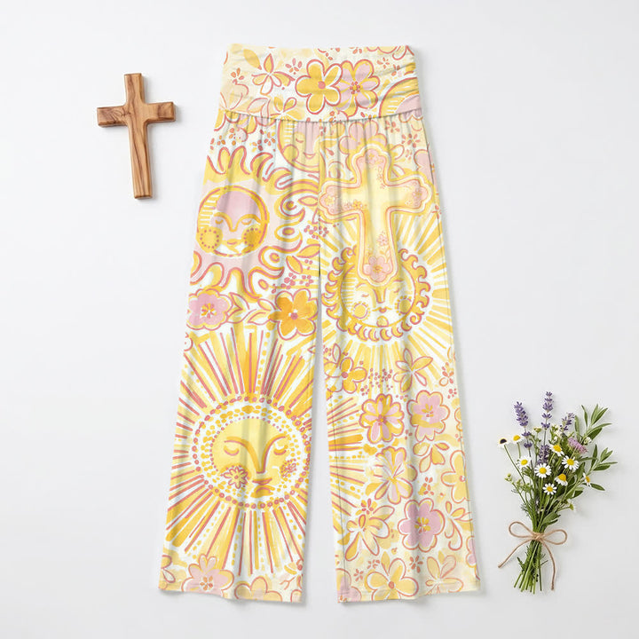 Christianartworkshop Pantaloni da donna a gamba larga in stile boho con motivo floreale e sole, luna e croce. - US22,UK/AU26,EU54 (6XL) - image 0