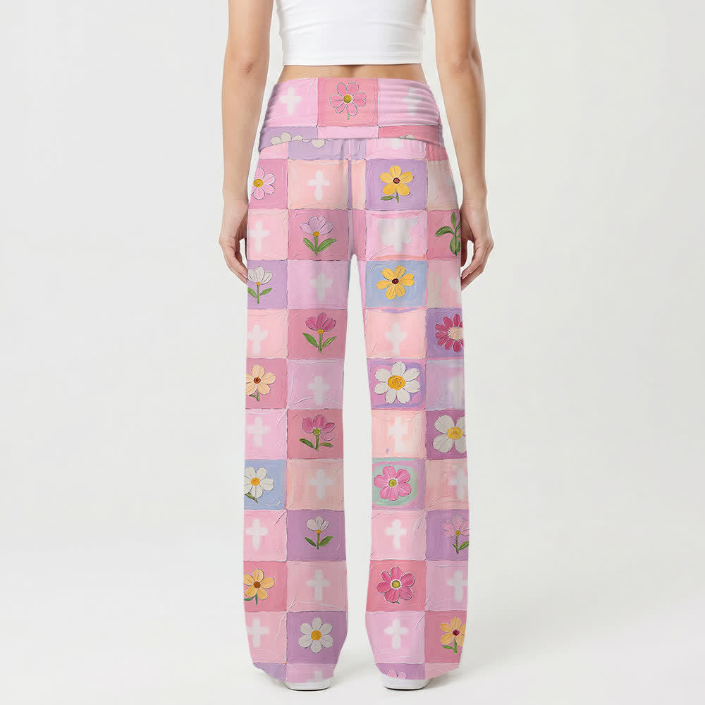 Christianartworkshop Pantaloni da donna a gamba larga con stampa floreale a scacchiera pastello e croce, stile casual Faith. - image 2