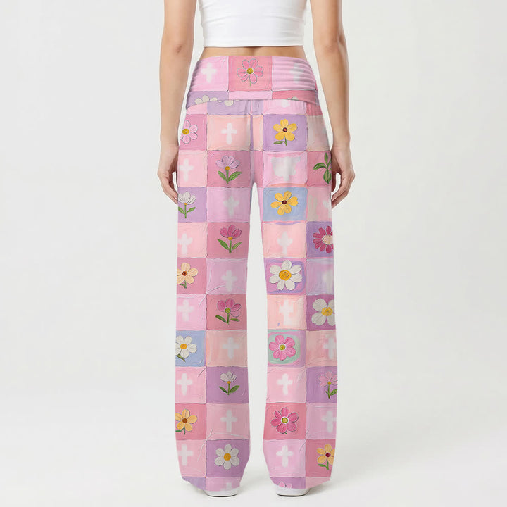 Christianartworkshop Pantaloni da donna a gamba larga con stampa floreale a scacchiera pastello e croce, stile casual Faith. - image 2