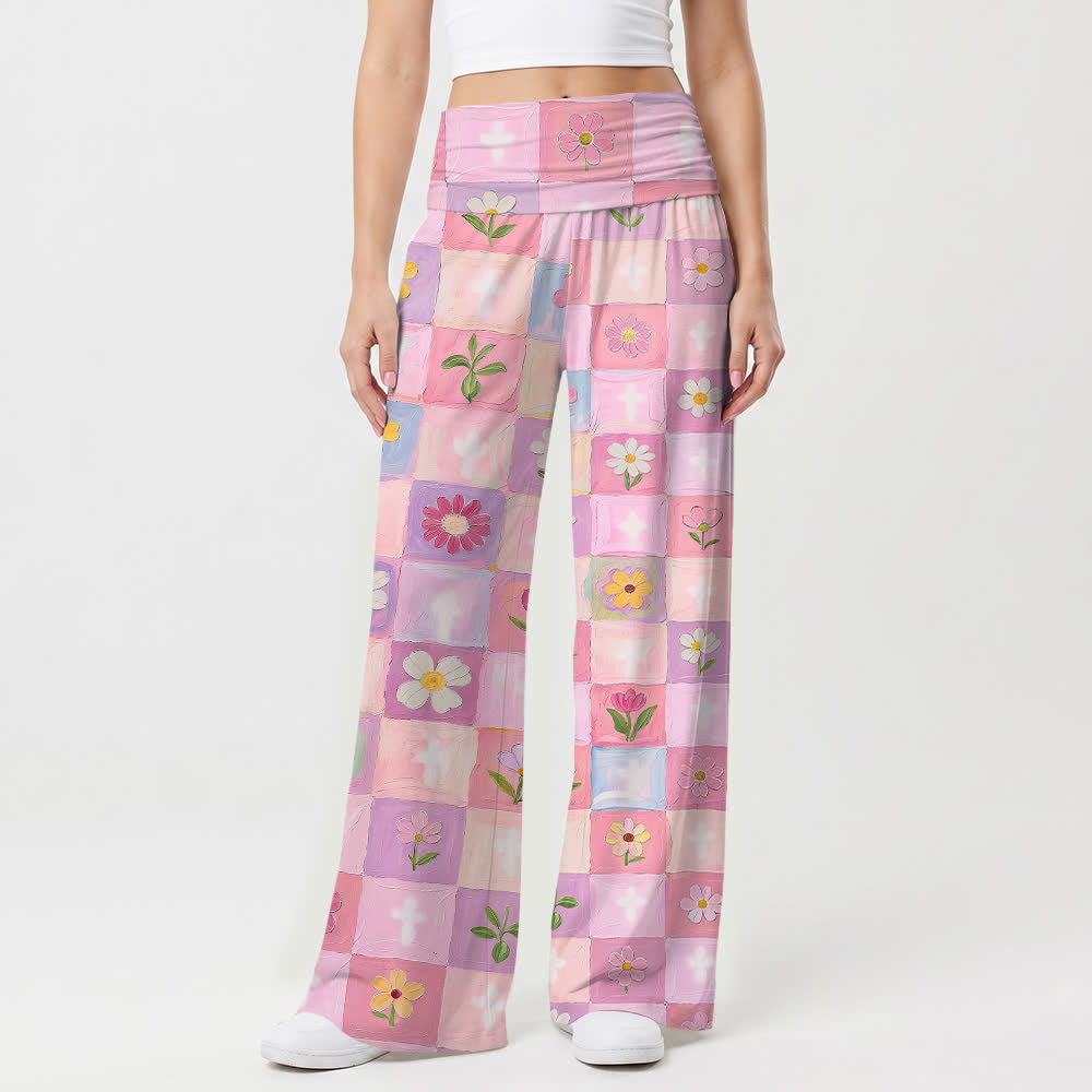 Christianartworkshop Pantaloni da donna a gamba larga con stampa floreale a scacchiera pastello e croce, stile casual Faith. - image 1