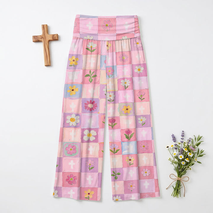 Christianartworkshop Pantaloni da donna a gamba larga con stampa floreale a scacchiera pastello e croce, stile casual Faith. - US22,UK/AU26,EU54 (6XL) - image 0