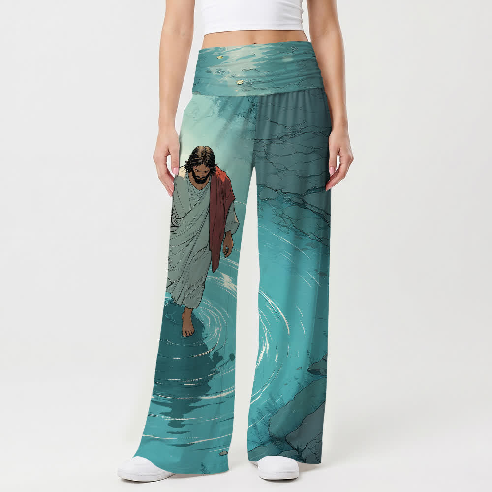 Christianartworkshop Gesù che cammina sull'acqua Lago increspato Fumetto Illustrazione Casual Fede Pantaloni da donna a gamba larga - image 1