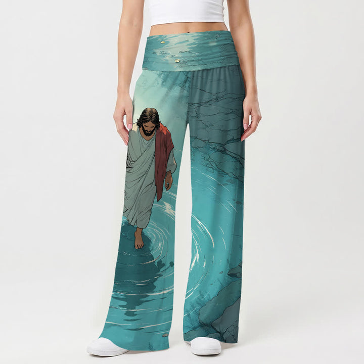 Christianartworkshop Gesù che cammina sull'acqua Lago increspato Fumetto Illustrazione Casual Fede Pantaloni da donna a gamba larga - image 1