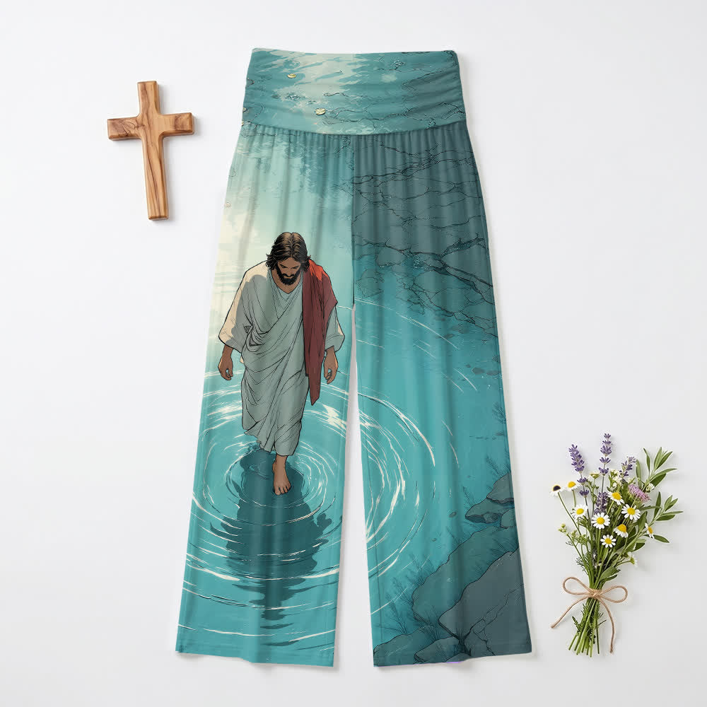 Christianartworkshop Gesù che cammina sull'acqua Lago increspato Fumetto Illustrazione Casual Fede Pantaloni da donna a gamba larga - US22,UK/AU26,EU54 (6XL) - image 0