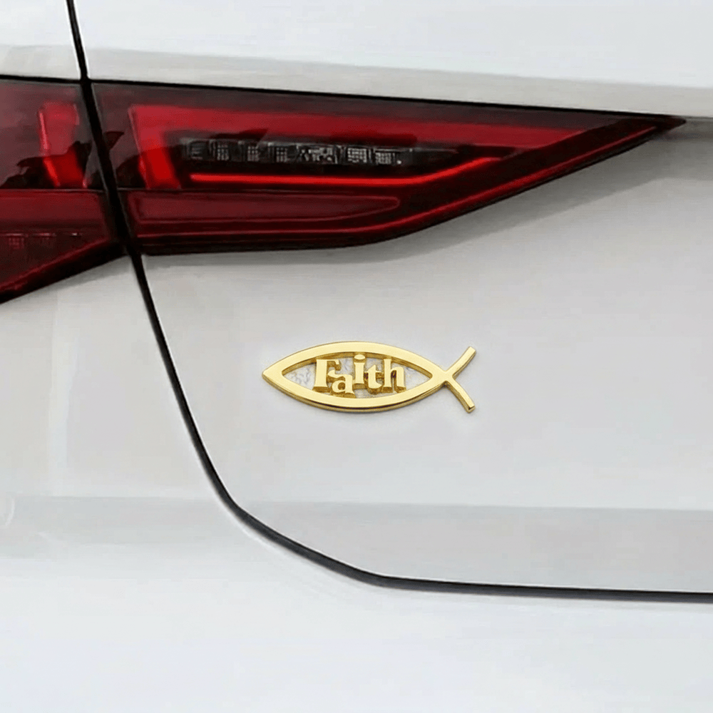 Christianartworkshop Adesivo per auto con sagoma di pesce Ichthys e scritta "Faith" in rilievo: simbolo di incrollabile convinzione e protezione stradale. - image 2