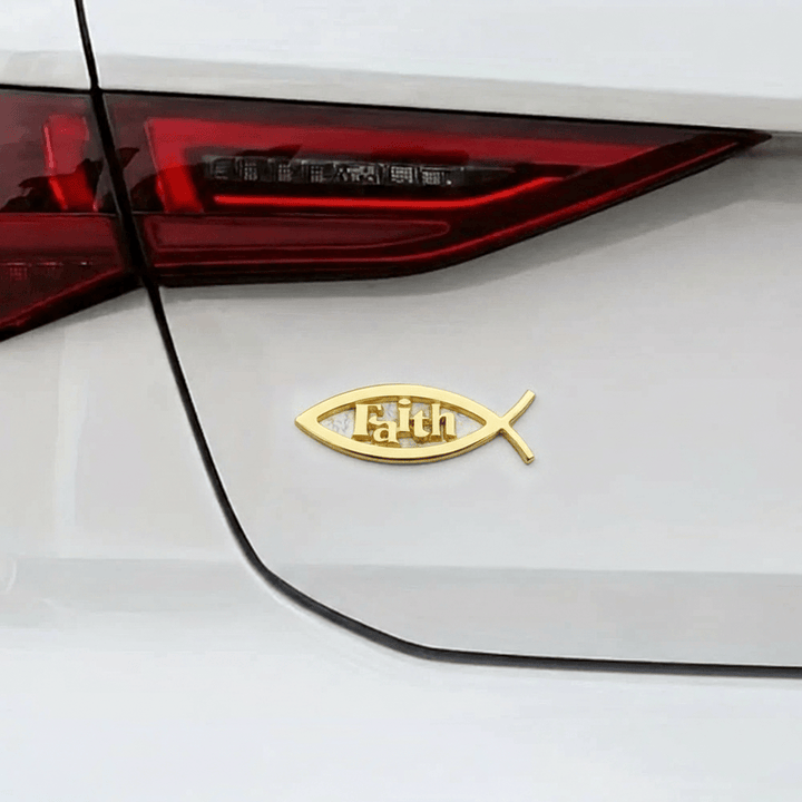 Christianartworkshop Adesivo per auto con sagoma di pesce Ichthys e scritta "Faith" in rilievo: simbolo di incrollabile convinzione e protezione stradale. - image 2