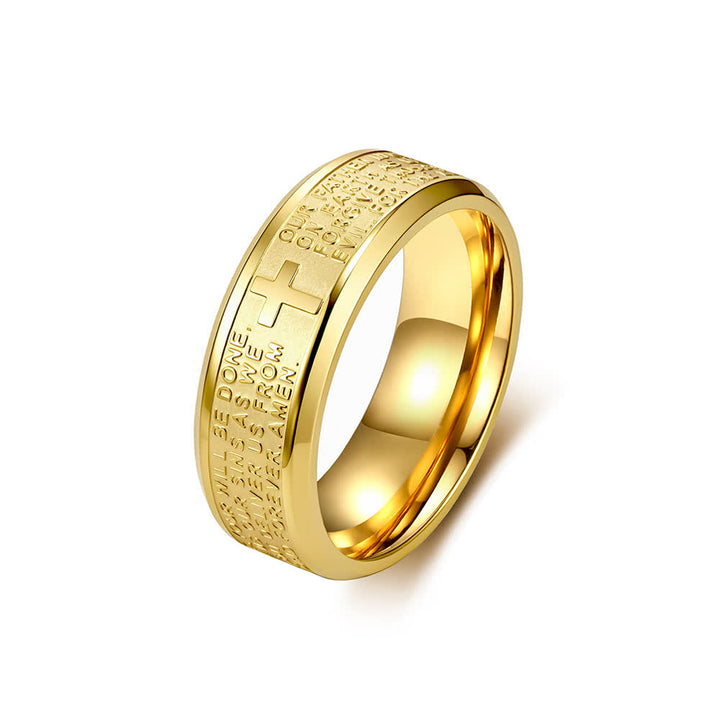 Christianartworkshop Anello a fascia larga in acciaio inossidabile con croce incisa in profondità e preghiera del Signore: emblema di fede celeste incrollabile. - D'oro - US 13 - image 9