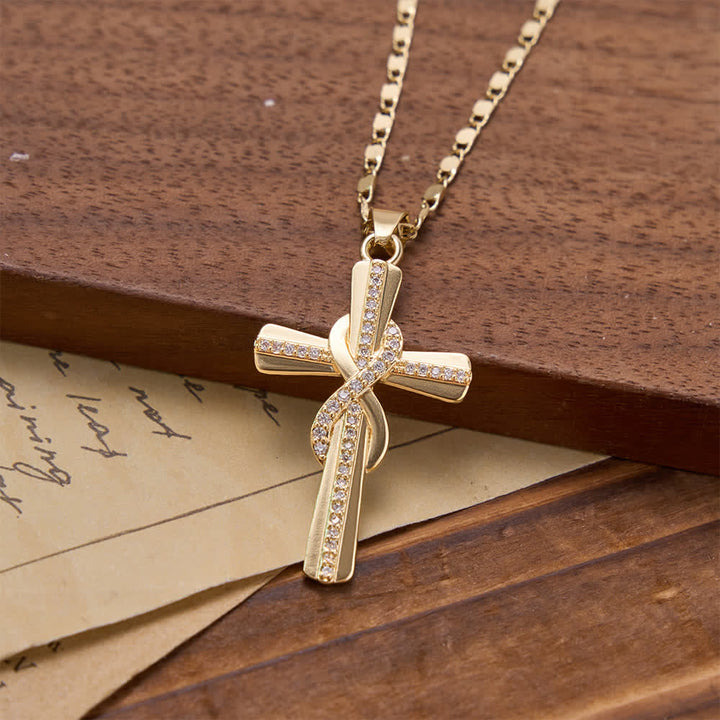 Christianartworkshop Collana con croce a maglia a scatola e nodo dell'infinito intrecciato, tempestata di zirconi: emblema dell'eterna alleanza celeste. - image 2