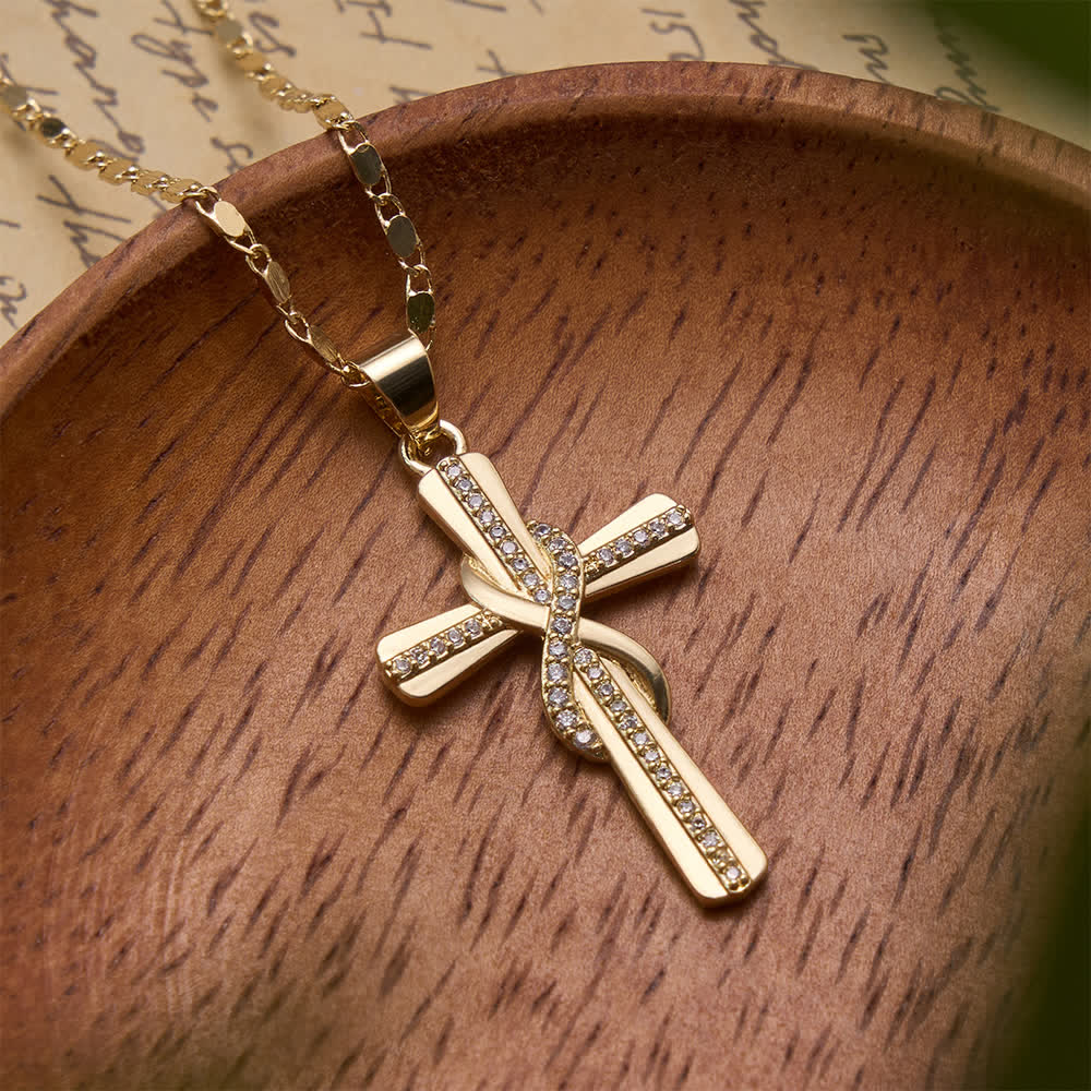 Christianartworkshop Collana con croce a maglia a scatola e nodo dell'infinito intrecciato, tempestata di zirconi: emblema dell'eterna alleanza celeste. - image 1