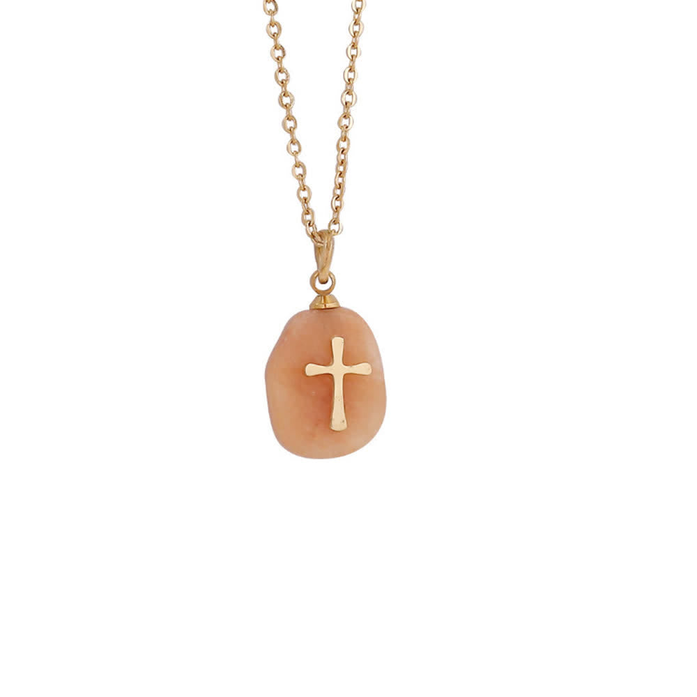 Christianartworkshop Collana con croce in metallo e pietre naturali irregolari: emblema di incrollabile fede celeste. - Avventurina arancione - image 9