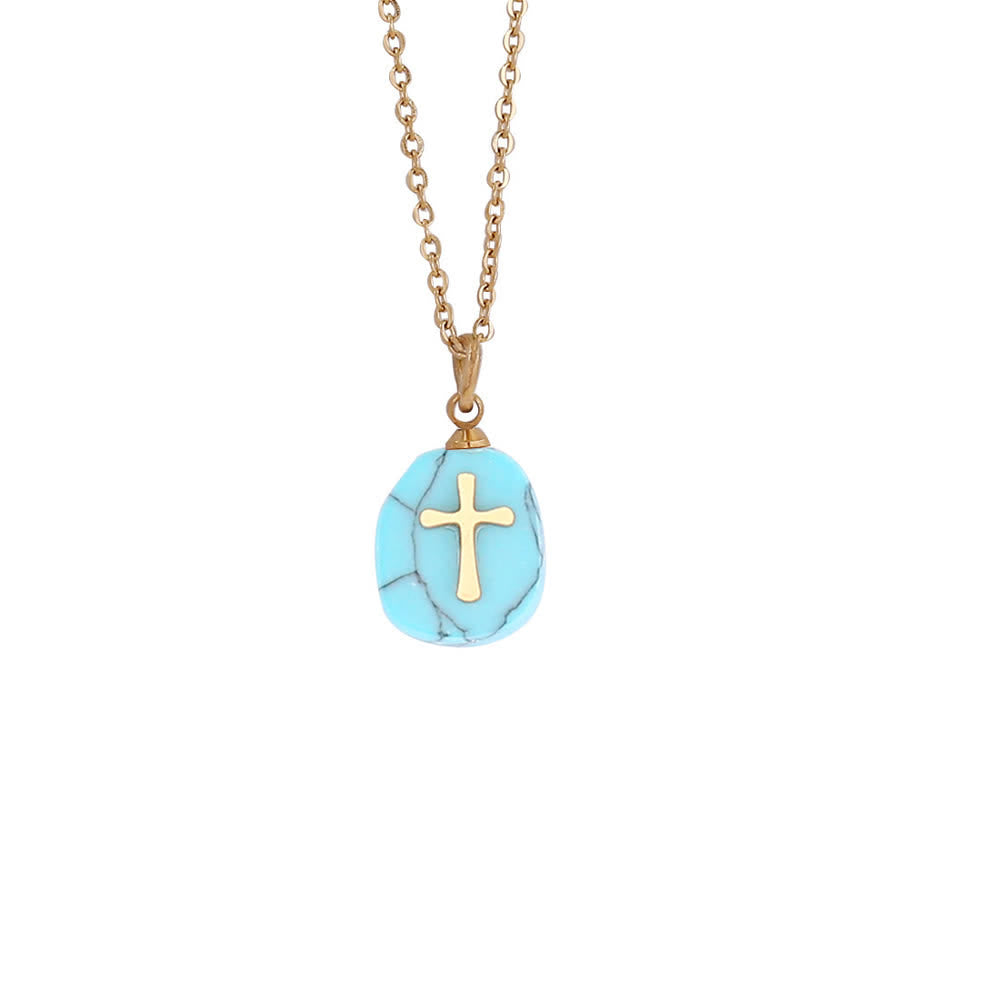 Christianartworkshop Collana con croce in metallo e pietre naturali irregolari: emblema di incrollabile fede celeste. - Forma ovale turchese - image 8