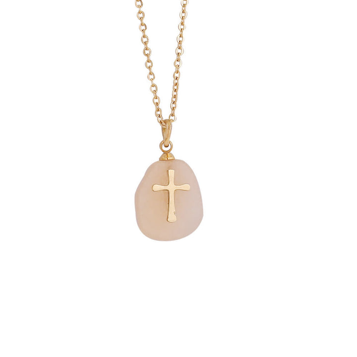 Christianartworkshop Collana con croce in metallo e pietre naturali irregolari: emblema di incrollabile fede celeste. - Quarzo rosa - image 6