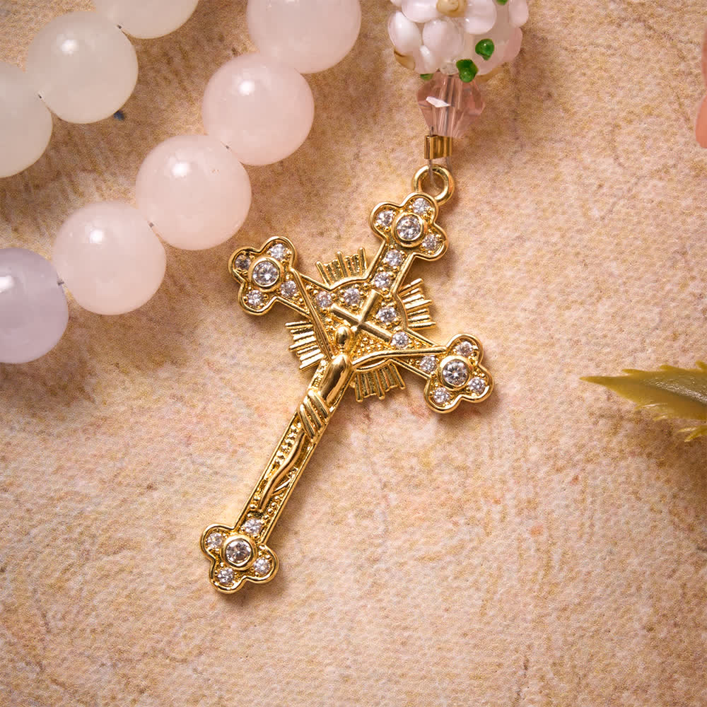 Christianartworkshop Rosario con perline di vetro a motivi floreali, sfumature di rosa, lavanda e bianco latte, croce con strass e medaglione della Madonna. - image 8