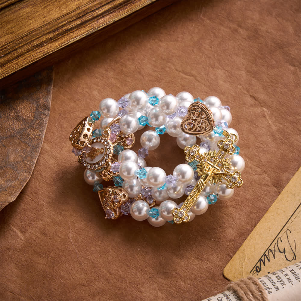 Christianartworkshop Rosario lucido con perle artificiali, ciondoli a forma di cigno e cuore con strass, medaglia della Madonna e crocifisso gioiello. - image 4