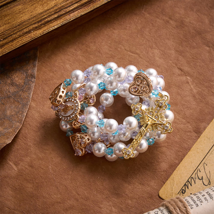 Christianartworkshop Rosario lucido con perle artificiali, ciondoli a forma di cigno e cuore con strass, medaglia della Madonna e crocifisso gioiello. - image 4