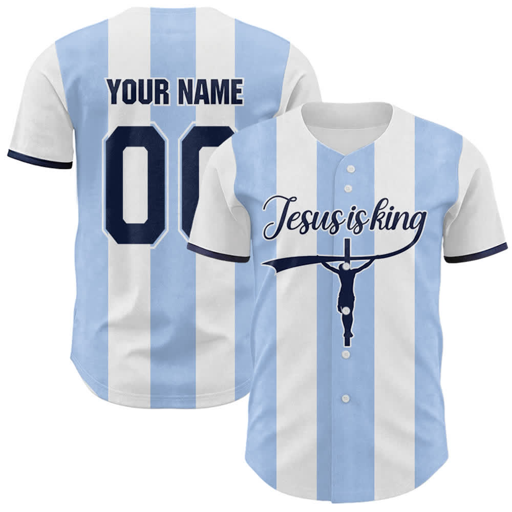 Maglia da baseball a righe con stampa a croce "Gesù è Re" personalizzata con nome e numero Christianartworkshop. - 5XL - Nome & Numero personalizzati - image 0