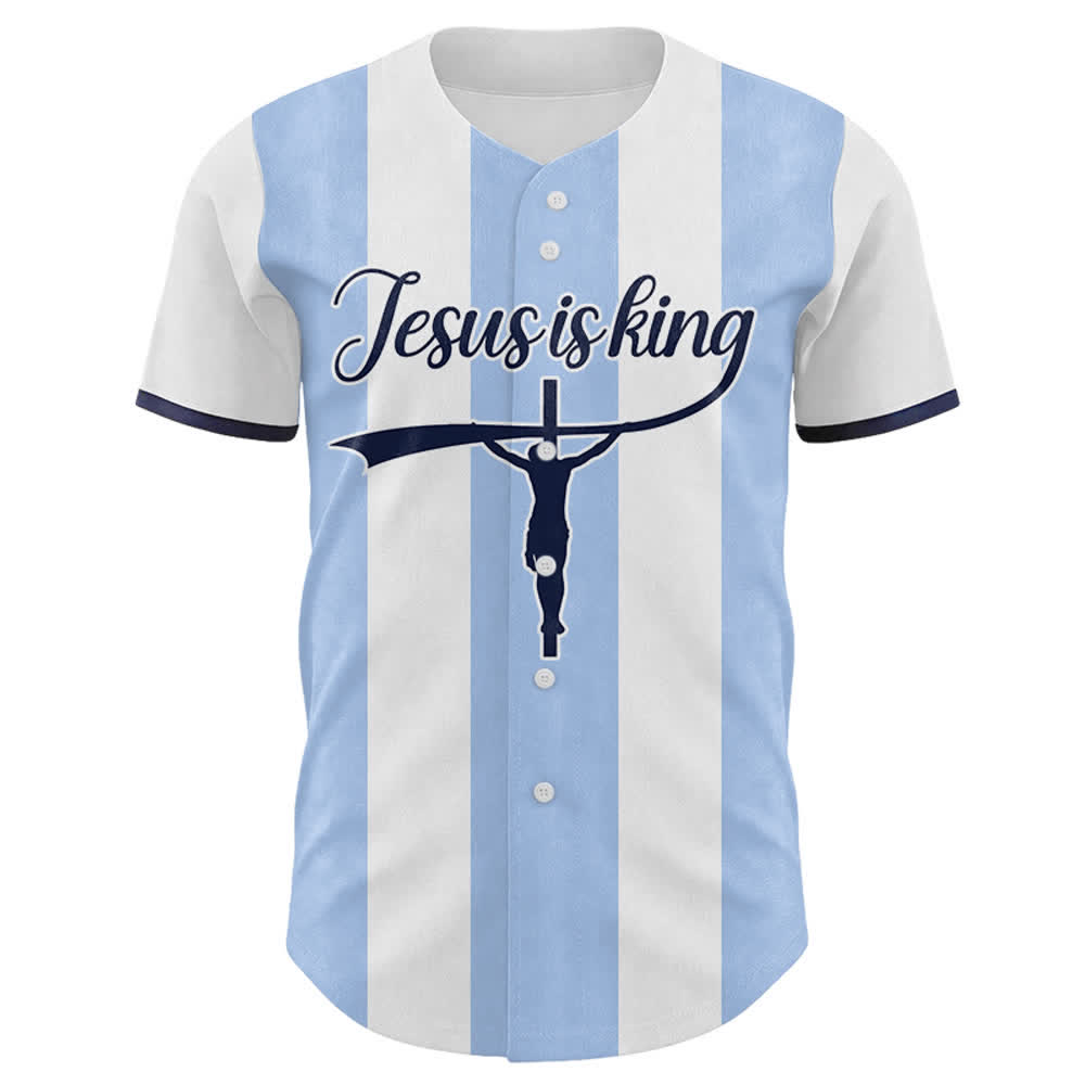 Maglia da baseball a righe con stampa a croce "Gesù è Re" personalizzata con nome e numero Christianartworkshop. - image 1