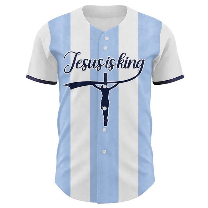 Maglia da baseball a righe con stampa a croce "Gesù è Re" personalizzata con nome e numero Christianartworkshop. - image 1