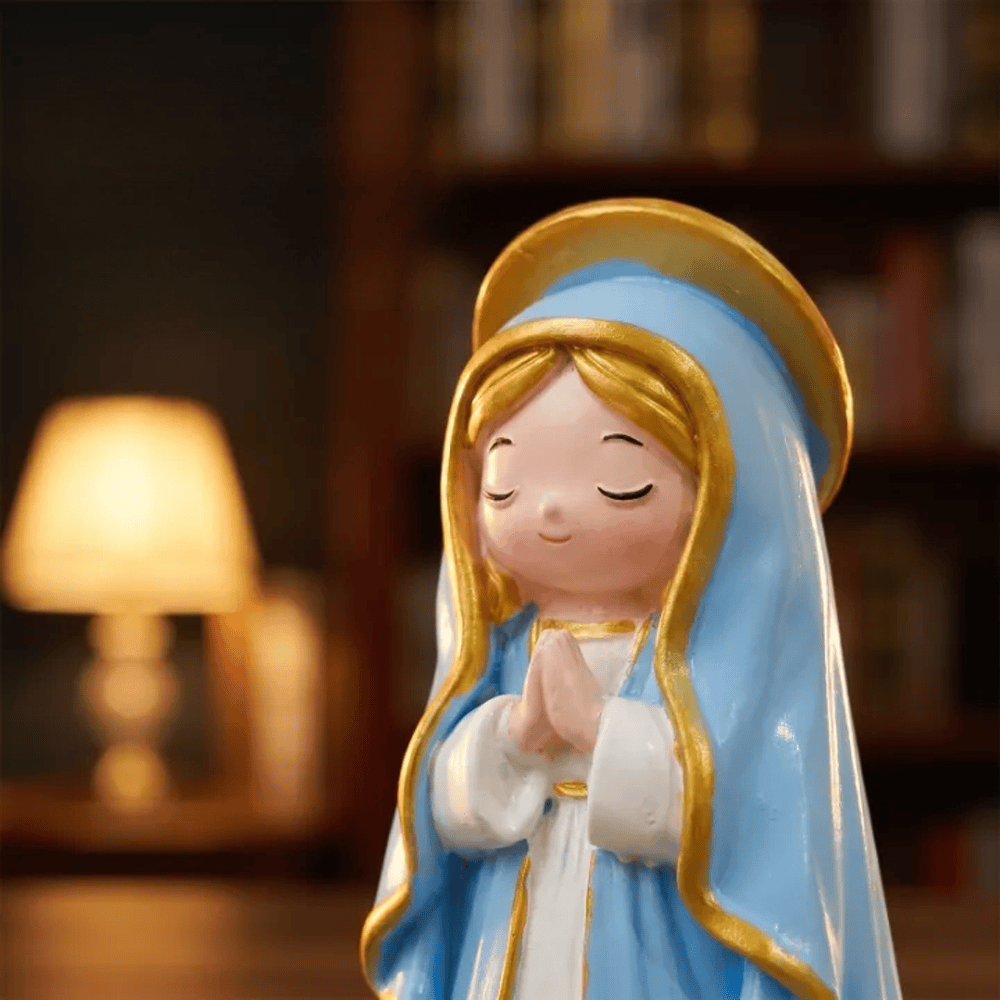Christianartworkshop Statuetta in resina dipinta a mano raffigurante la Madonna in preghiera con gli occhi chiusi, in stile Chibi, con base floreale. - image 1