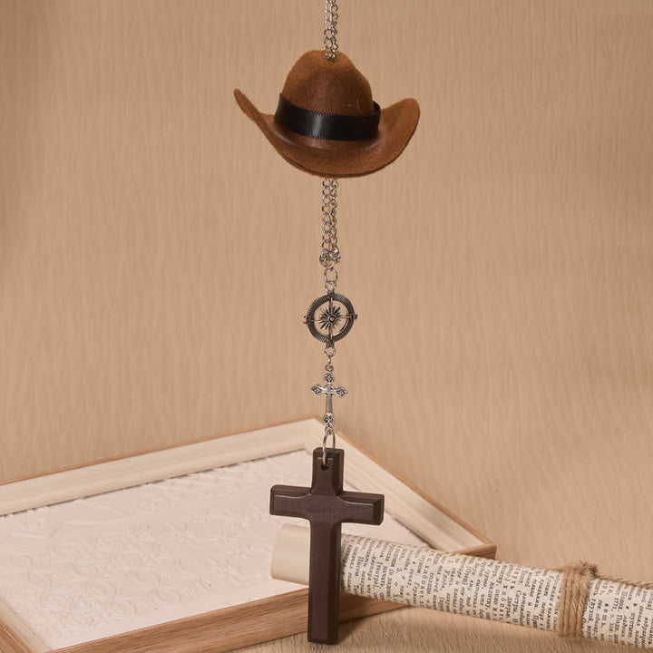 Christianartworkshop Ciondolo per auto con croce di legno e bussola a forma di cappello da cowboy: un simbolo senza tempo di costante guida celeste. - image 7